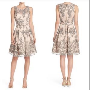 Eliza J Belted Embroidered Mesh Fit & Flare Dress